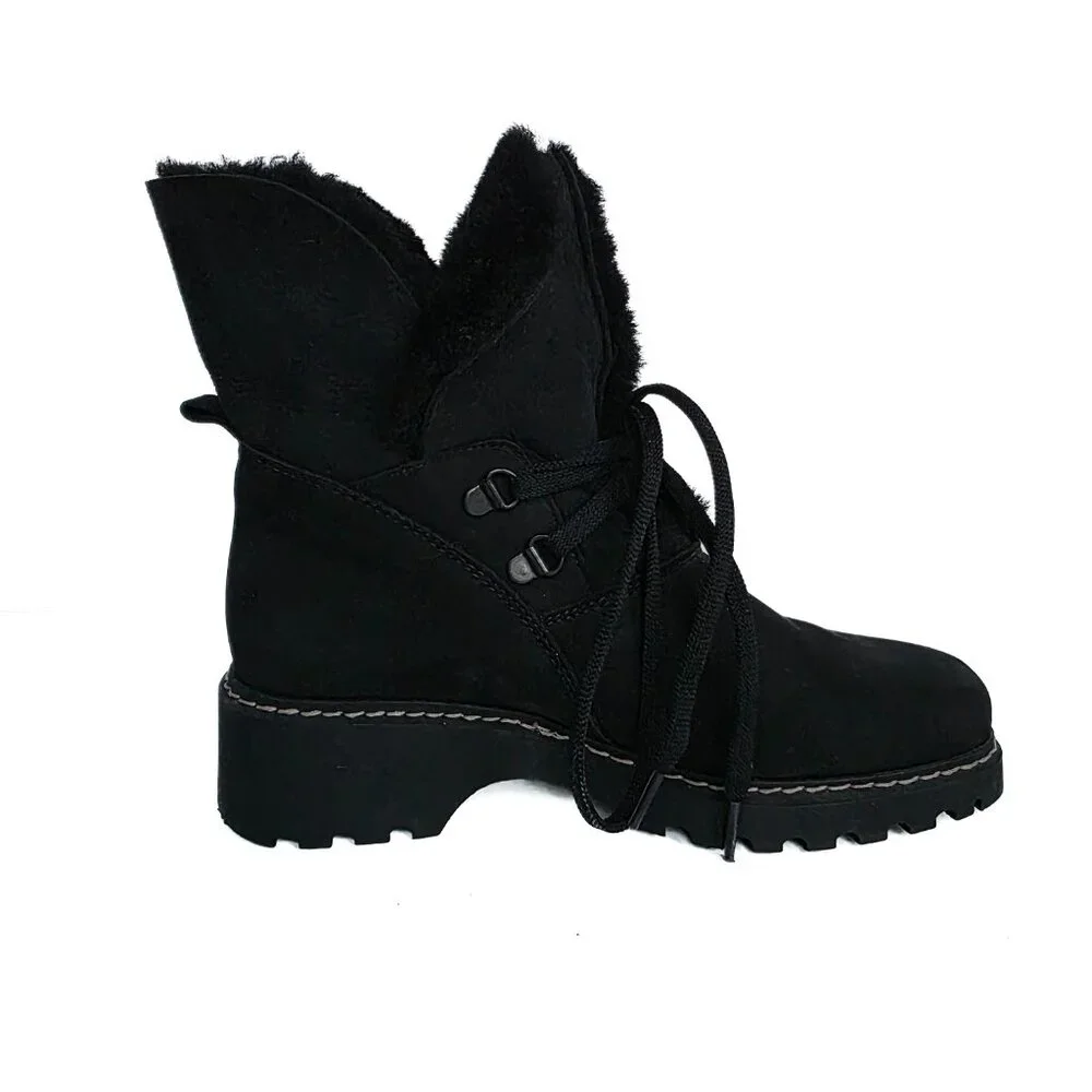 La Canadienne Shearling Lace Up Booties Womens 6.5 M Black Square Toe Waterproof